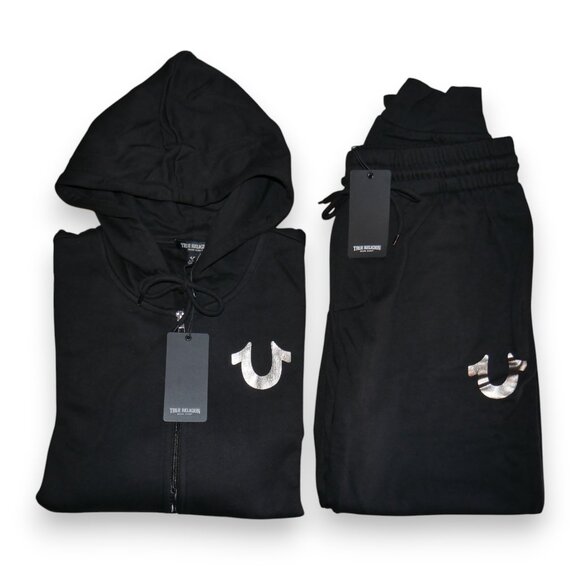 True Religion Men's 2 PC Sweatsuit Fleece Tracksuit Matching Outfit Black NWT